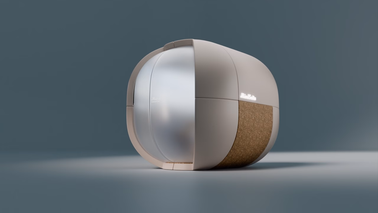 De MindSuite pod met gesloten deuren, zichtbaar zijn de voorzijde en de zijkant met kurk en verlicht MindSuite logo.